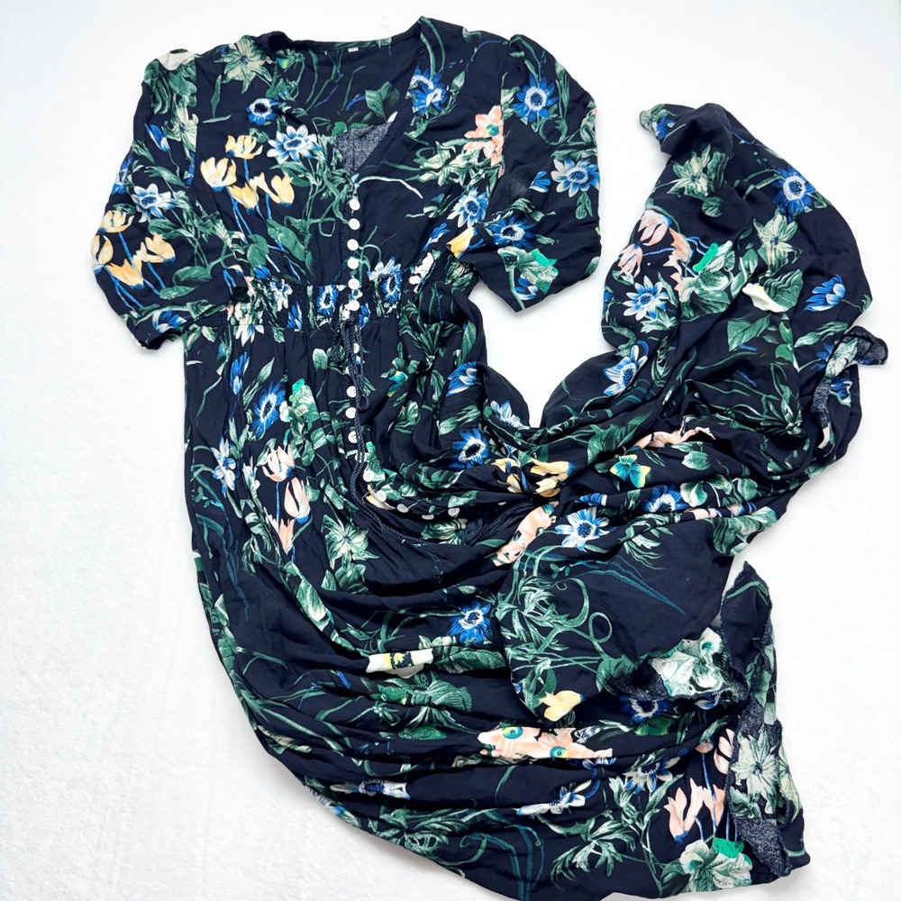 Unbranded Floral Maxi Dress Womens Size L Navy Blue Boho Rayon Button Front 4781